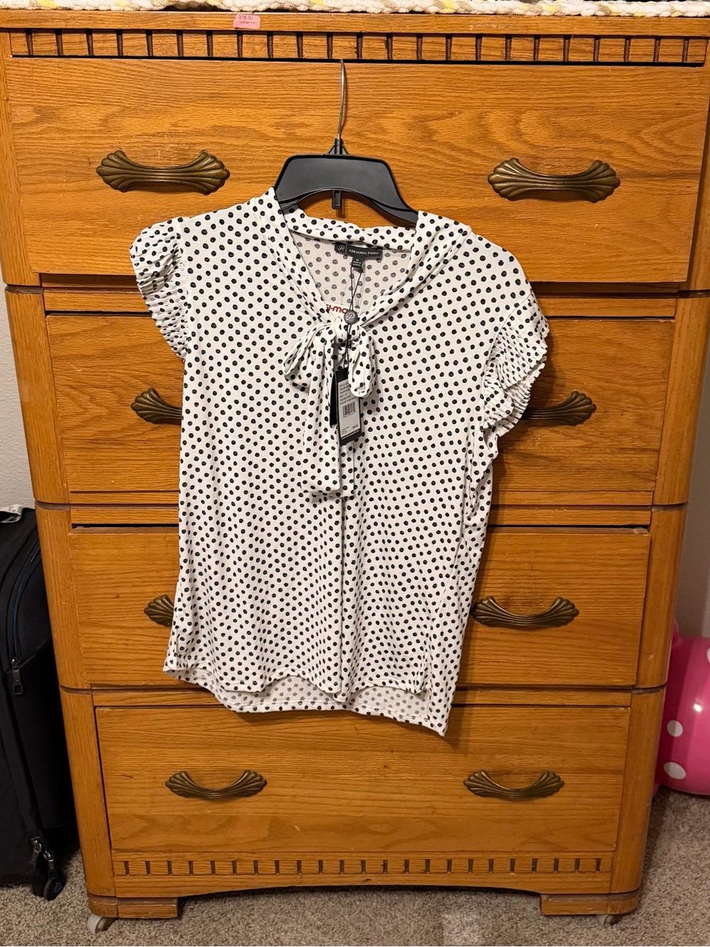 Adrianna Papell White and Black Polka Dot Tie-Neck Blouse